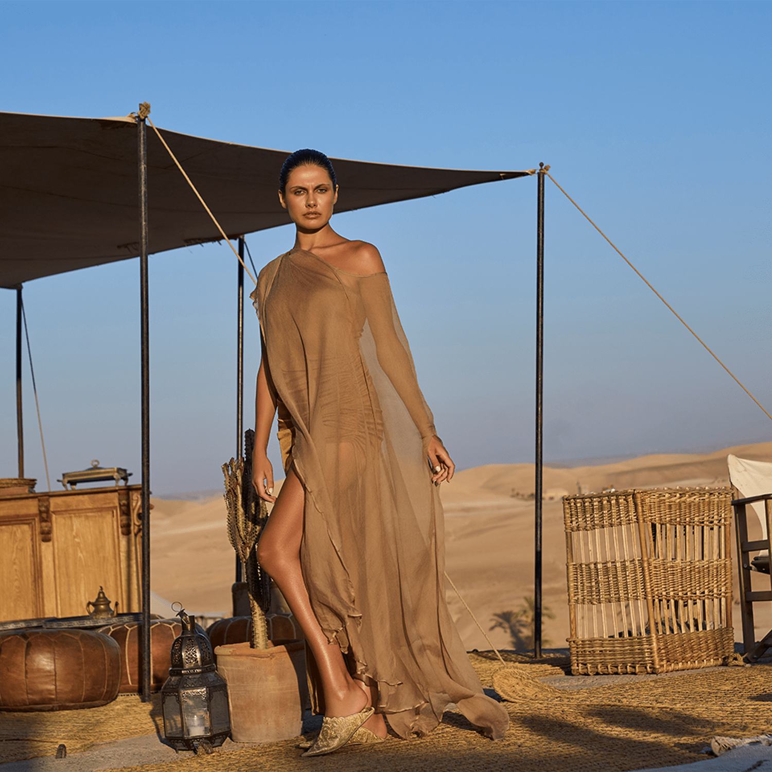 . DRESS 26 PONCHO 100% SILK CHIFFON DUNE 342