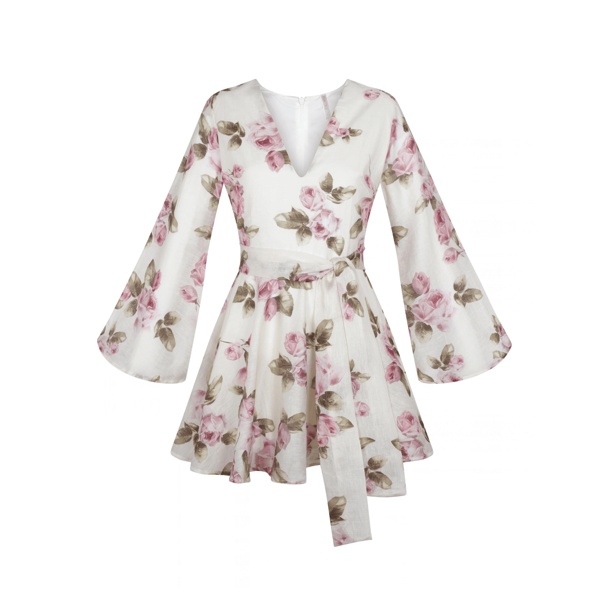 . DRESS 26 V-Neck Mini Dress with Belt | La Rose Print